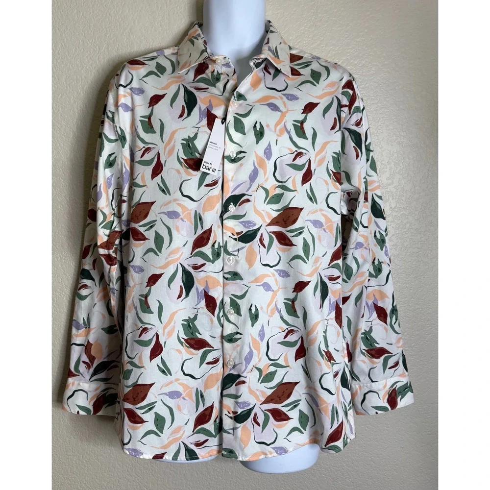 Bar III Mens L Button Down Shirt White Abstract Leaf Print Slim Fit Stretch NEW